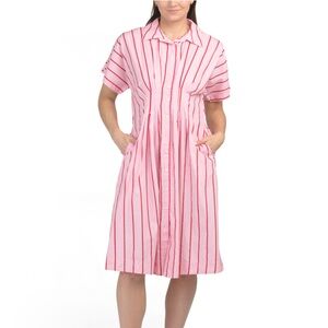 Lea Short Sleeve Pink & Red Striped Shirt Midi Dress